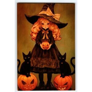 Vintage Halloween Witch Girl with Black Cats Pumpkin Postcard
